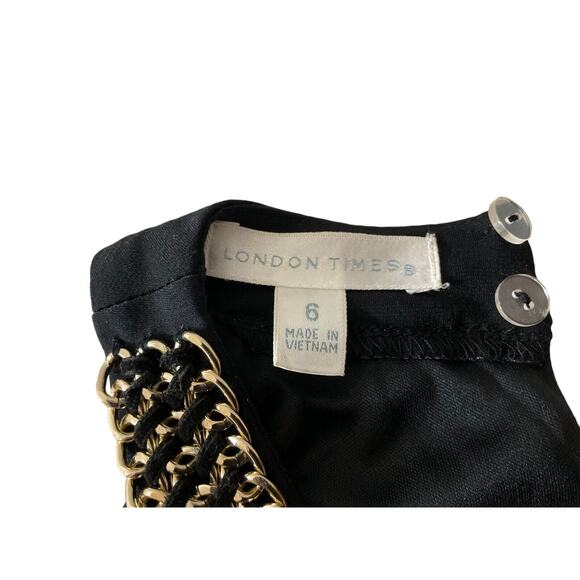 London Times Womens 6 Black Beige Halter Maxi Dress Gold Chain Detail Cream Tan - Picture 3 of 11